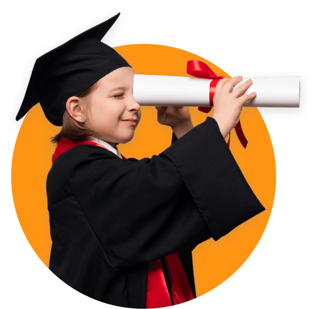 Young girl wearing graduation gown and cap looking through a cardboard telescope, symbolizing vision and future goals